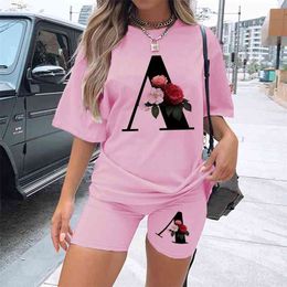Short Sleeve Sexy Tshirt And Pant Sports Suits Biker Shorts Two Piece Set Women Fashion Tracksuit Summer Outfits For Woman 210819