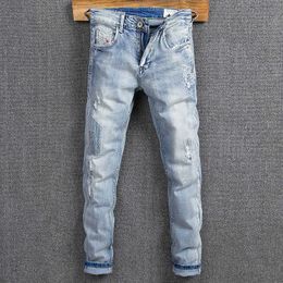 Streetwear Fashion Men Jeans Retro Light Blue Elastic Cotton Slim Fit Ripped Patches Designer Hip Hop Denim Punk Pants