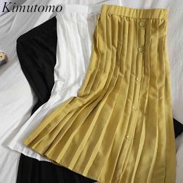 Kimutomo Elegant Solid-color Skirt Women Spring Summer Fashion Female High Waist Korean Single Buttons Pleated Skirt 210521