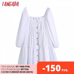 Tangada Women Fashion Square Collar White A-line Dress Vintage Long Sleeve Female Short Dresses Vestidos Mujer BE510 210609