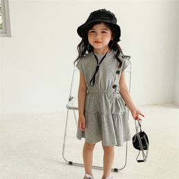 Summer Girls' Dress Fashion Style Solid Colour Knitted Casual With Pockets Baby Kids Children'S Clothing For Girl 210625