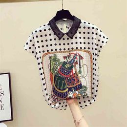 Summer Women's Turn Down Collar Short Sleeves Polka Dot Shirts Girls Ladies Chiffon Shirt Blouse Tops A3518 210428