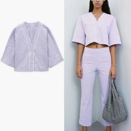 Za Plaid Crop Shirt Women Short Sleeve Loose Vintage Blue Summer Top Feminine Fashion Button Up Casual Gingham Shirts 210602