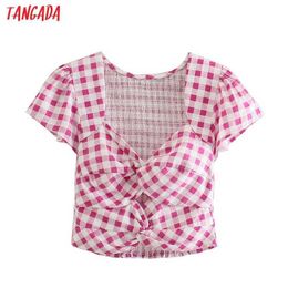 Tangada Women Retro Plaid Print Bow Crop Shirt Summer Blouse Short Sleeve Chic Female Tops 4N70 210609