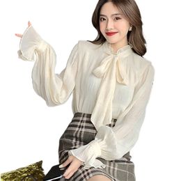 Bow Tie Tops Women Korean Style Design Clothes Flare Sleeve Elegant Office Lady Cute Ribbon Sweet Basic Shirts Blouses 210520