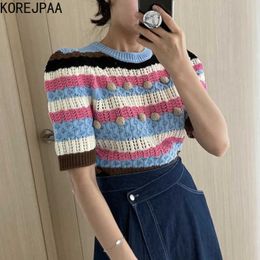 Korejpaa Women T-Shirt Summer Korea Chic Age-Reducing Round Neck Three-Dimensional Fur Ball Stripes Puff Sleeve Knitted Top 210526