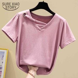 Summer Solid Loose Pullover Lady Tops Clothing Cotton Short Sleeve Blouse Women Korean Style V-neck Women's Shirts 9481 210415