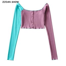 Sexy Hit Color Off Shoulder Long Sleeve Rib Knitting T-shirt Chic Woman Buttons Tee shirt Slim Navel Tops 210429