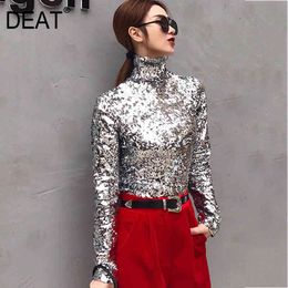 spring And Winter Turtleneck Full Sleeves Sequins Fashion Women T-shirt Elastic Sequined Top WC83910XL 210421
