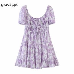 Holiday Summer Dress Women Sexy Collar Puff Sleeve Drawstring Lace Up Robe Femme Floral Print Short Vestido Casual 210514