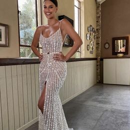 Sexy Spaghetti Straps Evening Dresses Front Split Sequins Mermaid Prom Gowns Illusion Custom Made Party Dress