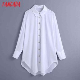 Women Retro Oversized White Long Blouse Golden Buttons Chic Female Casual Loose Shirt Blusas BE443 210416