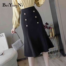 Elegant Office Ladies Skirt Buttons Fashion Slim Mermaid Skirts Womens Autumn High Waist Plus Size Casual Saias Faldas 210506