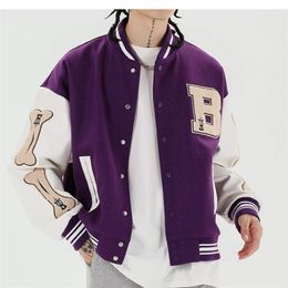 Men Baseball Jacket Hip Hop Harajuku Embroidery Bone Letter Patchwork Bomber Coat Fashion High Street Casual Loose Unisex 211110