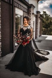 Black Gothic Mermaid Wedding Dress With Sleeveless Sequined Lace Non White Colourful Bride Dresses Custom Made Vintage Robes
