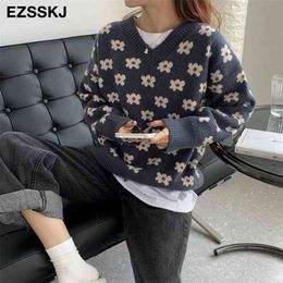 oversize blue floral Sweater Pullovers Women winter autumn thick v-neck chic sweater long sleeve sweater top 210812