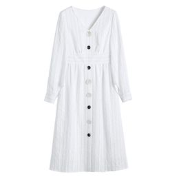 White V-neck Button Lantern Long Sleeve A-line Knee Length Shirt Dress Autumn Korean D2001 210514