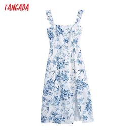 Tangada Women Blue Floral Print Midi Dress Vintage Bow Strap Elastic Ruffled Straps Female Sunress BE801 210609