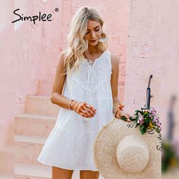 Ethnic style v-neck hollow out lace up Elegant retro sleeveless white Summer holiday woman short dress 210414