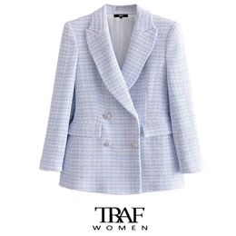 TRAF Za Women Fashion Double Breasted Tweed Cheque Blazer Coat Vintage Long Sleeve Pockets Female Outerwear Chic Veste 211006