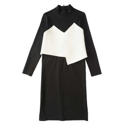 PERHAPS U Woman Elegant Black White Office Lady Stand Collar Long Sleeve Knee Length Work Dress D0781 210529