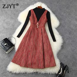 Fashion Runway Women Long Sleeve Knit Pullover Sweater and Tweed Woolen Dress Winter Clothes Robe Femme Vestidos 210601