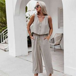 Fashion suit jacket short waistcoat Sleeveless top with long pants set Casual Button V-Neck tank tops 2 piece women summer 210508