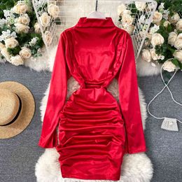 Women Korean Ruched Dress O Neck Long Sleeve Sheath Pencil Dress Autumn Casual Elegant Sexy Solid Dress 210419