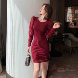 autumn European and American women's sexy bag hip pleated tight long-sleeved dress Office Lady Knee-Length 210416