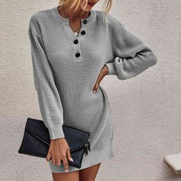 High Street knit Sweater dress Fashion Solid Color Button Women's Knitted Dress Sweater for women V-Neck Casual Pullovers 210514