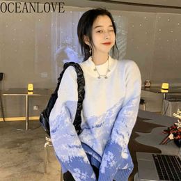 Printed Pullovers Vintage Preppy Style Half Turtleneck Pull Femme Ins Fashion Blue Woman Sweaters Loose 19593 210415