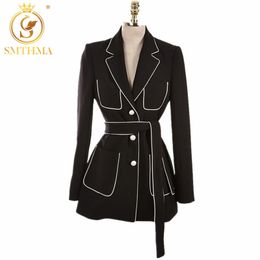 High Quality Runway Single Breasted Black Blazer Notched Collar Women Long Sleeve Blazers Feminino Free Belt 210520