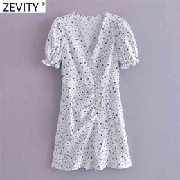 Women French Style V Neck Floral Print Hem Ruffles Slim Mini Dress Female Puff Sleeve Vestidos Chic Summer Dresses DS8336 210420