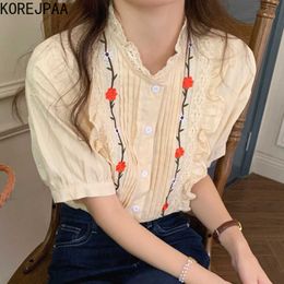 Korejpaa Women Shirt Summer Korean Chic Girls Sweet Round Neck Fungus Lace Stitching Embroidery Flower Puff Sleeve Blouses 210526
