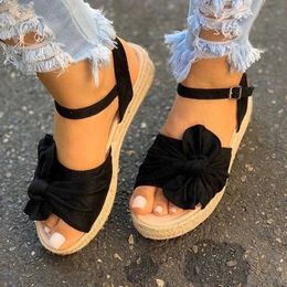 Women Casual Sandals 2021 Summer Shoes Hemp Flats Platform Bowknot Buckle Strap Fashion Woman New Peep Toe Slippers Y0721