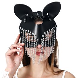 Goth Leather Mask BDSM Cat Mask Leather Fetish Mature Women Rave Carnival Cat Woman Face Cosplay Cat Fun Erotic Chain Mask