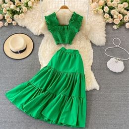 Summer Women Green/Yellow/White Two Piece Set Vintage Square Collar Sleeveless Short Tops + High Waist Midi Skirt Beach Suit 220302