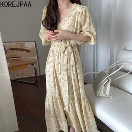 Korejpaa Women Dress Summer Korean Chic Elegant Temperament Floral Print V-Neck Lace-Up Seven-Point Puff Sleeve Vestidos 210526
