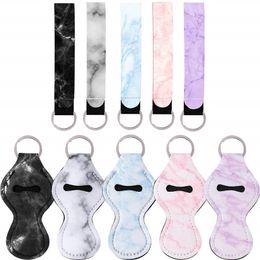 5 Colours Marbling Chapstick Holder Keychains with Wristlet Lanyard Neoprene Lipstick Holder Keychain Best Party Gifts