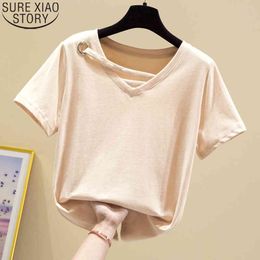 Summer Women Cotton Short Sleeve T Shirt Fashion V-neck Hollow Loose Tshirt Ladies Tops Tees Shirts Clothes 9481 210417