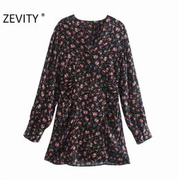 Women Fashion V Neck Floral Print Waist Pleated Shirt Dress Chic Office Ladies Long Sleeve Casual Slim Vestido DS4581 210420