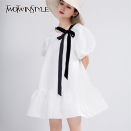 Elegant Patchowrk Bow Women Dress O Neck Lantern Short Sleeve High Waist Mini Hit Colour Dresses Female Clothing 210520