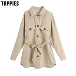 Toppies New Design Women Pockets Blouse With Waistband Khaki Blusas Women Casual Tops Shirt 210412