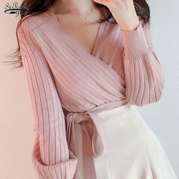 Pull Femme Korean Chic Autumn Cross V-Neck Sweater Pink Lace Up Bandage Slim Short Bottomed Pullovers for Women 11978 210521