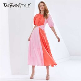 TWOTYLE Patchwork Hit Color Asymmetrical Summer Dress For Female Puff Sleeve High Waist Hollow Out Dresse 210623