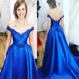 Royle Blue Arabic Lace Formal Dresses Evening Wear Off The Shoulder Sequined Evening Gowns Dubai A Line Lace-up Tulle Appliques Prom Dress