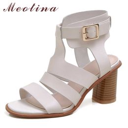 Meotina Real Leather High Heel Gladiator Sandals Women Shoes Buckle Square Heels Footwear Summer Sandals Female Black Size 43 210608