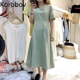Korobov Korean Casual Solid Short Sleeve Dress Summer High Waist Slim Dresses V Neck Lacing Backless Vestidos Femme 210430