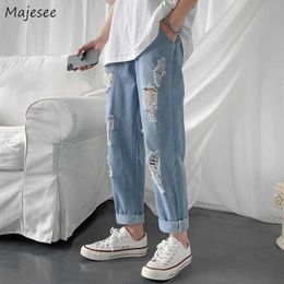 Men Jeans Ribbed Leisure Holes Chic Ankle-length Harajuku Mens High Street Baggy Plus Size 5XL Ulzzang Ribbed Drawstring Vintage X0621