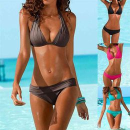 Sexy Two Piece Bikinis Halter Swimwear Women Bikini Push Up Triangle Swimsuit Black Back Tie Closure Summer S~XL 210712